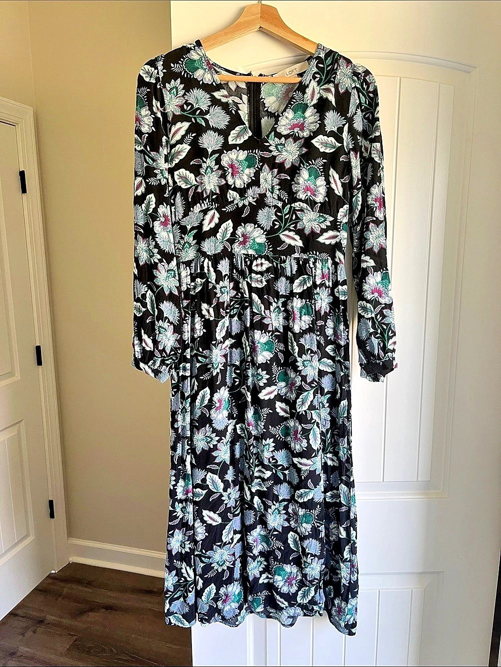 LOFT Floral Midi Dress in Black & Blue Size 4